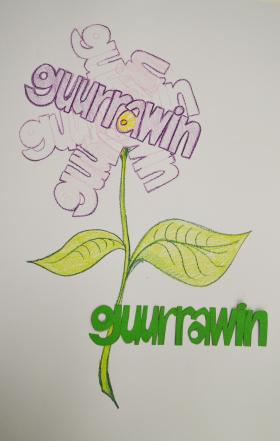 The word guurrawin traced and outlined into the shape of a flower