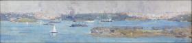 painting: Panoramic view of Sydney Harbour and the city skyline, by Arthur Streeton in 1894