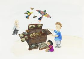 An illustration of children looking at the Macquarie Collector's Chest, from the book, "The Best Cat, The Est Cat".