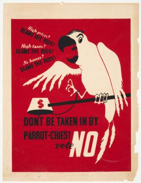 Poster with picture of parrot and text saying 'Don't be taken in by Parrot cries vote No'