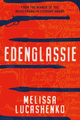 Cover of Edenglassie, orange with silhouettes of guns and spears 