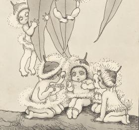 A black and white hand-drawn illustration of tiny babies dressed up in gum blossom-petal hats, sitting and hanging off gum leaves.