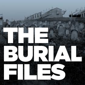 Photograph of cemetery overlaid with text  Burial files