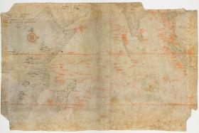 A hand-drawn map, with red and black navigation lines, on yellowed paper.
