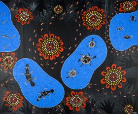 An Aboriginal painting depicting bodies of water, aquatic animals and footsteps.