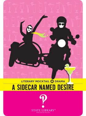 graphic of woman in sidecar and man on motorbike with glass in foreground
