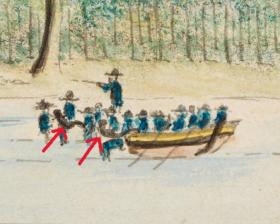 A row boat of soldiers near a treed shoreline, with two soldiers in the water holding a figure