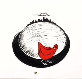 A red hen in a black and white landscape