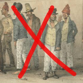 A group of five men standing around in clothing marked with arrows, some have bare feet and some are wearing leg irons. All are wearing hats. The image has been overlaid with a large red cross.