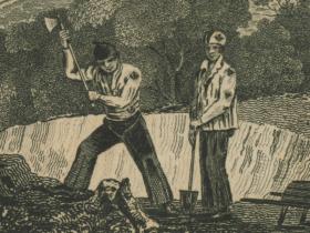 Two men working, one with an axe and one with a shovel, wearing clothes with arrows printed on them