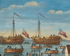 An extract of a larger image, showing convict hulks on the River Thames