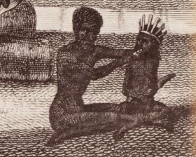 Two figures sitting cross-legged, one of the figures is reaching in to the mouth of the other