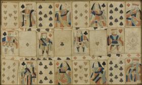 Twenty four playing cards with 12 images of men and women and the others with spades, clubs, hearts and diamonds.