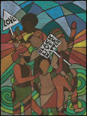 Drawing of people holding up signs that says 'Black Lives Matter'