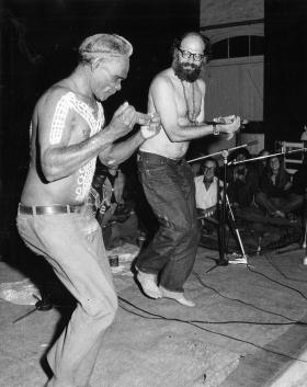 Allen Ginsberg dancing onstage with an Indigenous performer in Adelaide, 16 March 1972. Photo by News Ltd