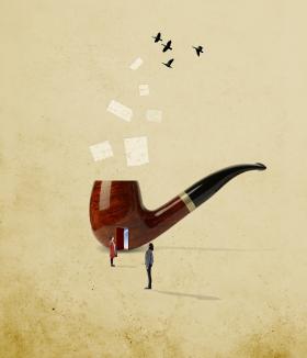 Drawing of a pipe with paper and birds flying above.
