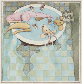 A man is sitting in a bath with a wombat, goat and kangaroo and the water is overflowing onto the floor 