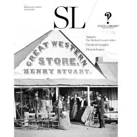 Historic image of people outside of a shopfront with sign Great Western Store, Henry Stuart on cover of Autumn 2013 New South Wales State Library Magazine