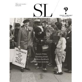 Protesters standing with a sign 'Decentralise or suffer the moore park muddle1' on cover of Spring 2012 New South Wales State Library Magazine