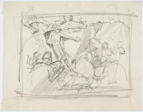 Pencil sketch of men fighting