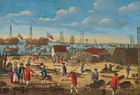 Drawing of dock workers in front of ships