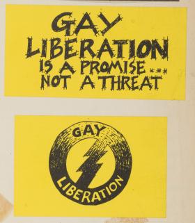 A cropped image of two yellow stickers, one reading "Gay Liberation is a promise, not a threat."