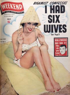 An old magazine cover, featuring a woman wearing a swimsuit and a cone-shaped, bamboo hat and the headline: "Bigameist confesses 'I had six wives'".