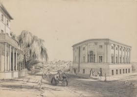 The Subscription Library, Bent Street, built 1843-5, Sketches of Sydney, 1843-1847, Jacob William Jones, State Library of New South Wales, DGA 32