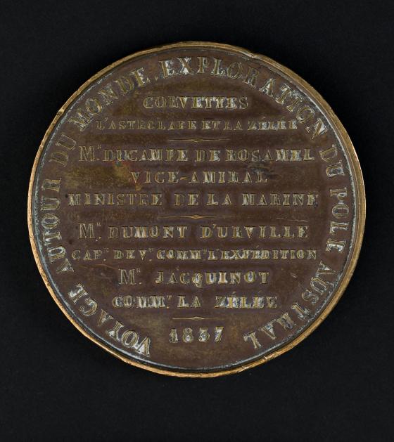 Bronze medallion with textual reference to the 1837 voyage of L'Astrolabe and the Zelee under the command of M. Dumont D'Urville
