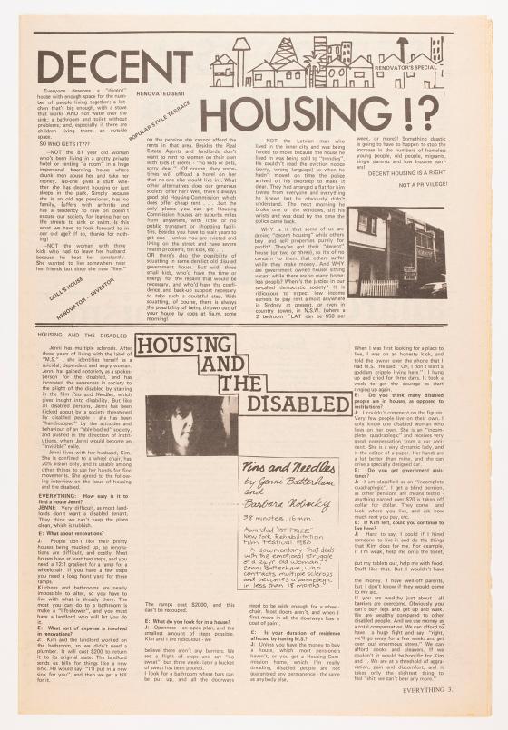 A page from Everything magazine with the headlines "Decent housing!?" and "Housing and the disabled".