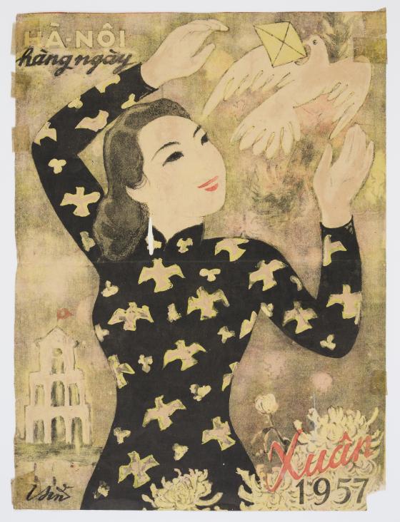 A poster print of a woman in traditional Vietnamese dress, reaching out to a dove.