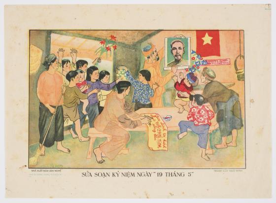 A poster depicting a Vietnamese family household scene, with an older man hanging a portrait of Ho Chi Minh on the wall next to a communist star flag.