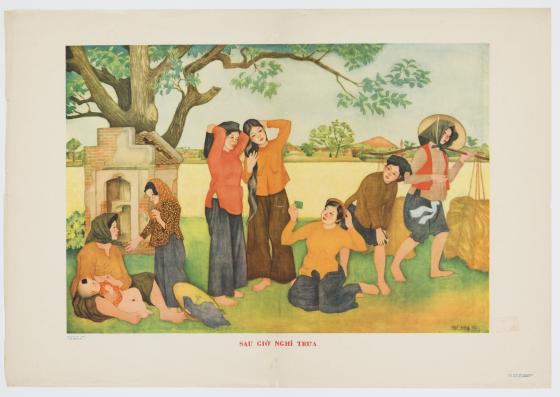 A colourful poster depicting women gathering in a Vietnamese backyard.