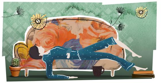 Illustration of a woman in pyjamas lounging on a couch.
