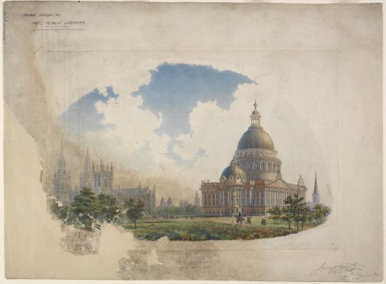 Watercolour and ink sketch of a grand domed building with St Mary's Cathedral appearing in the background and a horse rider galloping across the foreground.