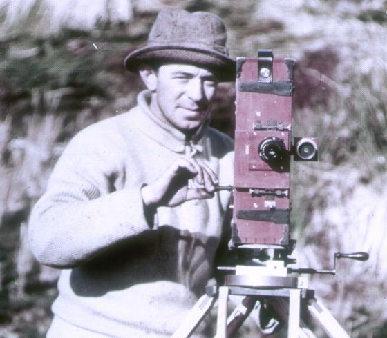 Frank Hurley with his camera on South Georgia Island, 1914.