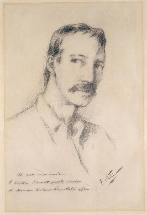 A charcoal drawing of Robert Louis Stevenson, ca. 1892 / sketched by Girolamo Pieri Ballati