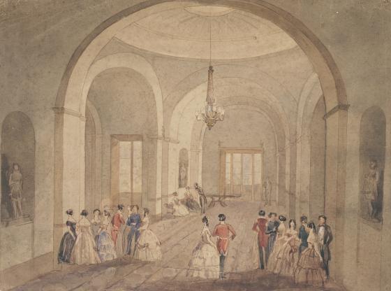 An illustration of a social hall, with ladies in dresses accompanied by men in tailcoats.