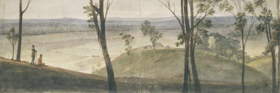 A drawing of two men in top hats surveying the landscape beyond them.
