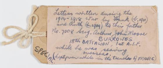 A label indicating "Letters written during the 1914-1918 War by [Frank and Ruth] to their father [Arthur Burrowes]..."