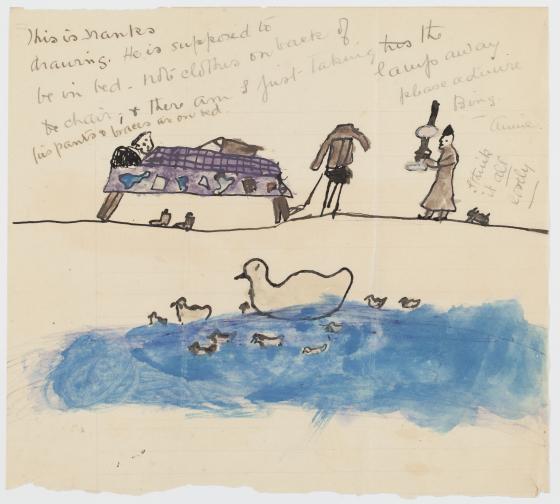 A drawing depicting a child's bedtime and ducklings with mother duck on a pond.
