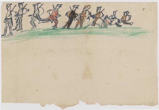 A child's pencil drawing of soldiers marching in a line across the top of yellowed page, with a torn bottom. 