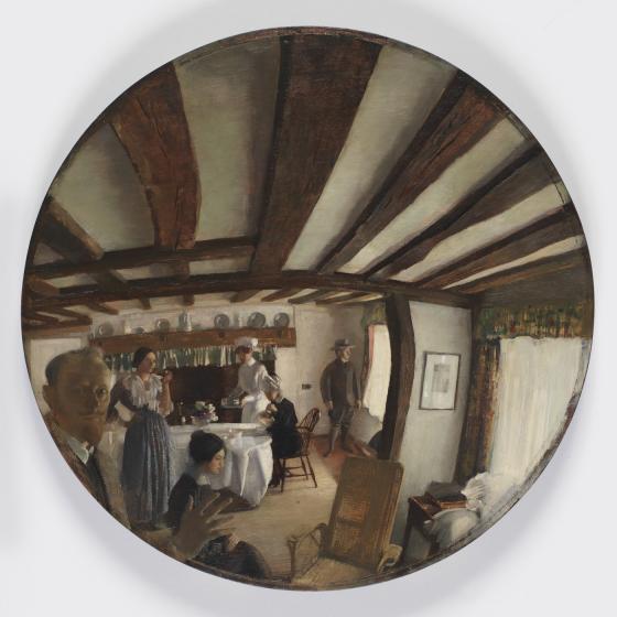 A painting in the shape of a circle, showing the scene of a tea room in a perspective similar to the modern fisheye lens.