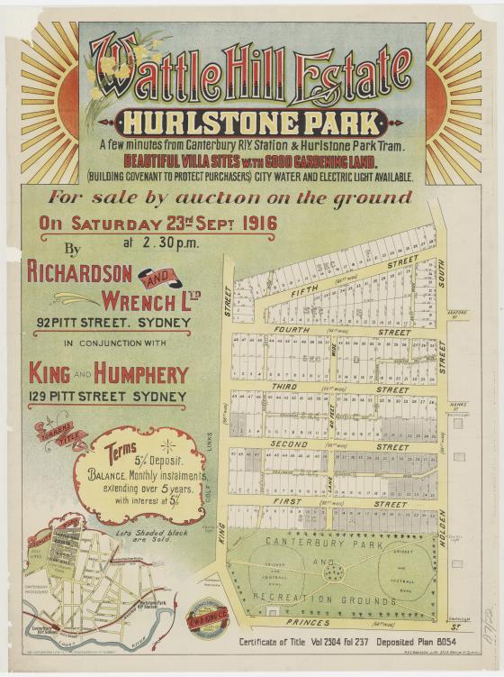 Subdivision Plan: 022 - Z/SP/A7/22 - Wattle Hill Estate Hurlstone Park  - First St, Second St, Third St, Fourth St, Fifth St, 1916