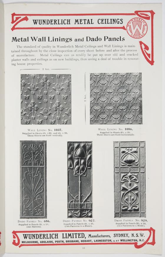 A page from a Wunderlich Limited catalogue showing different wall panel waratah motifs. 