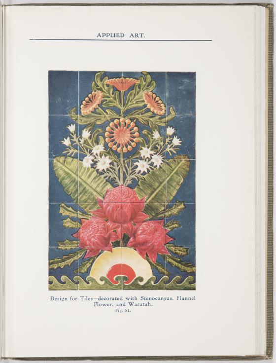 A page from a book - header 'Applied Arts' featuring an illustration of a bouquet of flowers featuring waratahs - the caption states: 'Design for Tiles'