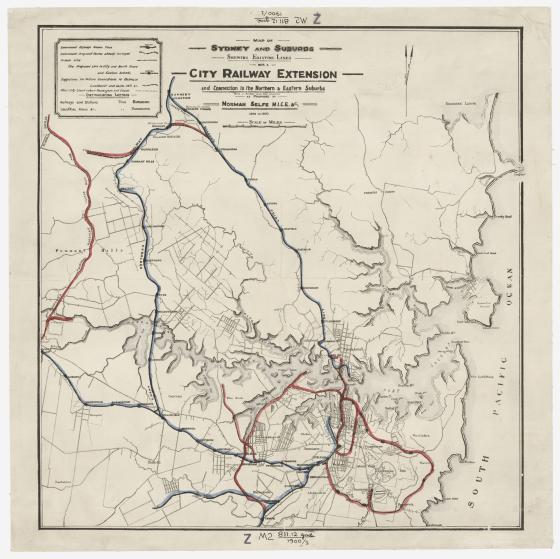 Map of Sydney and suburbs shewing existing lines with a city railway extension and connection to the northern and eastern suburbs with a bridge over Port Jackson