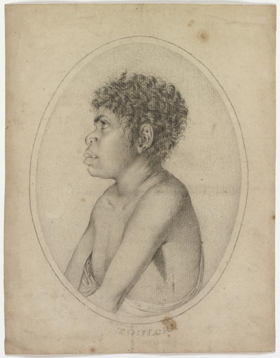 A black pencil or dark graphite sketch on brown paper of an Aboriginal boy.