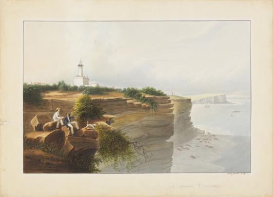A painting of a cliff by the sea, with two men and a dog in the foreground and a lighthouse in the middle distance.