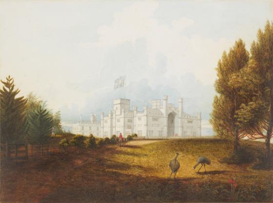 A painting of a view of Government House, with emus in the garden in the foreground and a horseman on the garden track.